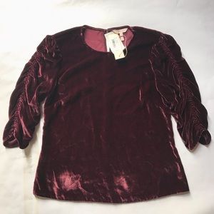 Rebecca Taylor Ruched Sleeves Velvet Top Bordeaux